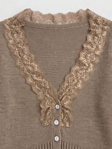 Women's Early Autumn Eyelash Lace V-Neck Single-Breasted Lace Patchwork Flared Cuff Slim Fit Mocha Brown Soft Layering Cardigan - Brown - View 6