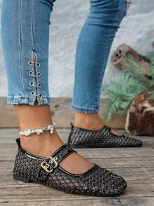 1 Pair Solid Color Fashion Elegant Buckle Women's Flat Shoes, Holiday Spring/Autumn - Black - View 6