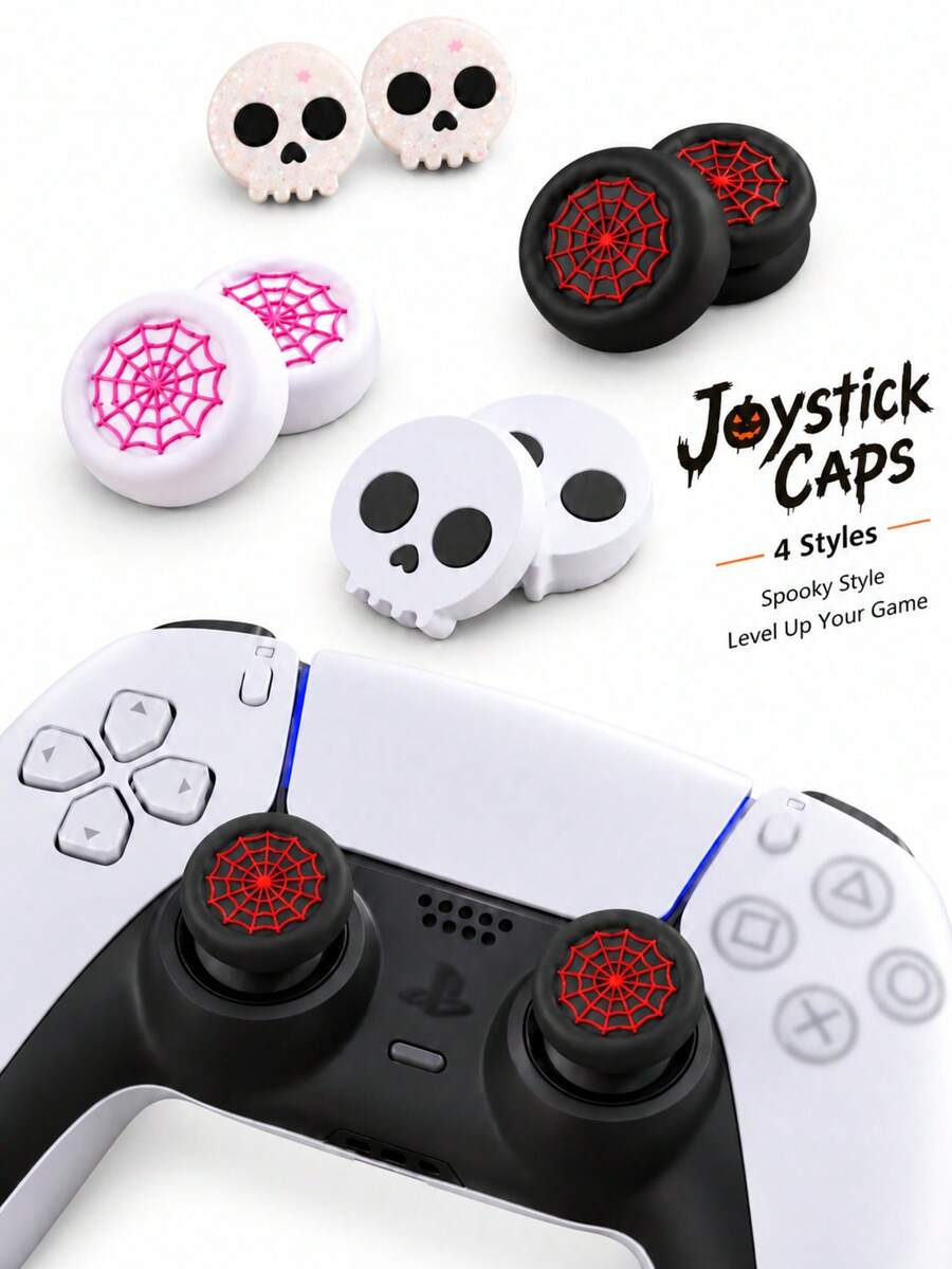 Lezhan-Compatible With PlayStation 4, 5 And Switch Pro Controllers; Includes Two Halloween-Themed Joystick Caps - High-Performance Joystick Caps With Skull And Spider Web Design; Ideal Choice For Halloween Gifts. - View 1