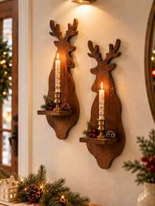 1pc/1set Christmas Deer Wall Candlestick Retro Dark Brown Wall Mounted Storage Rack Party Background Decoration Candlestick Holiday Hanging Storage Rack Home Decoration Suitable For Bedroom Entrances Living Room Fireplace Wall Gifts - Multicolor B - View 3