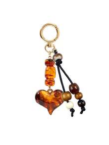 Vintage Style Heart-Shaped Keychain With Amber And Tortoiseshell Patterns;Bag Charm Featuring Mayan Inspired Leopard Print And Brown Bead Accents Christmas Gift - Multicolor - View 12