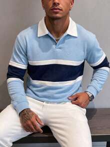Men's Autumn/Winter Casual Classic Patchwork Loose Drop Shoulder Airplane Collar Sweatshirt - Baby Blue - View 4
