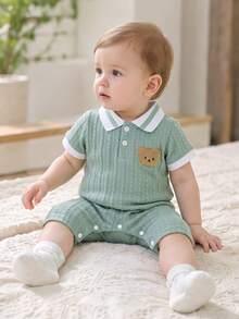 AfterClass Baby Boy Bear Embroidery Short Sleeve Polo Collar Patchwork Knit Romper, Comfortable & Cute, Suitable For Spring/Summer Casual Outings, Minimalist Fashion Short Bib Pants - Green - View 10