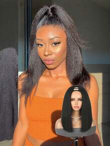 14/24 Inch Synthetic Heat Resistant U-Shape Straight Hair Wig Black Yaki Straight U-Part Wig Synthetic Clip-In Hair Extension Straight U Type Clip Wig Half Wig With Invisible Part For Women, Perfect For Holidays And Daily Wear - Black - View 13