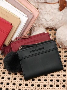 Dompet Pendek Wanita dengan Hiasan Pom Pom yang Halus, Dompet Kotak Resleting, Tempat Penyimpanan Kartu Kredit Pendek, Cocok untuk Dibawa Saat Bepergian - Lilac Purple - View 2