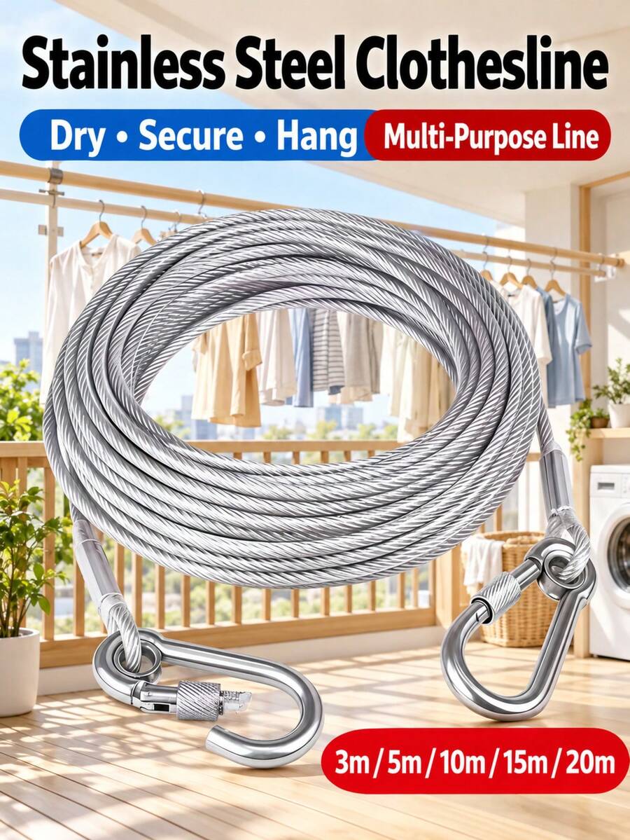 1 Set 3m/5m/10m/15m/20m Multi-Purpose Steel Wire Rope Clothes Line, Portable Indoor Outdoor Laundry Drying Line For Bathroom, Dorm, Balcony, Backyard And Travel, Practical Camping Essentials - Silver - View 1