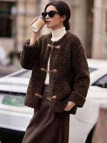 Women's Round Neck Button-Up Teddy Jacket, Casual Long Sleeve Plush Fleece Short Jacket, Warm Brown Jacket For Autumn/Winter - Brown - View 5