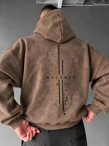 Men's Loose Drop Shoulder Distressed Washed Hoodie Sweatshirt, Autumn/Winter Brain & Heart Line Print Vintage Kangaroo Pocket Pullover - Brown - View 5