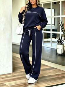 Women Autumn Casual Sports Contrast Striped Side Long Sleeve T-Shirt And Loose Wide Leg Pants Set,Back To School - Navy - View 3