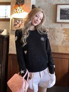 Korean Style Sweet Cute Snowflake Star Heart Jacquard Long Sleeve Knit Sweater Women Autumn Winter Loose Round Neck Thick Pullover Top, Winter Christmas Snowy Day Outfit - Black - View 6