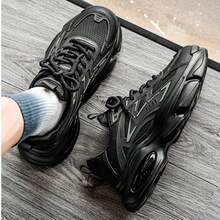 Retro Style Chunky Sneakers, Black Patchwork, Thick Sole, Shock Absorbing, Suitable For Running & Casual Wear, Letter Graphic Lace-Up Design - Black - View 2