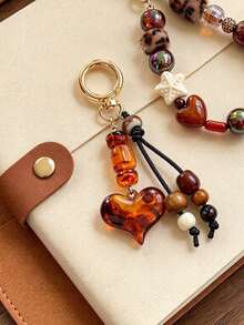 Vintage Style Heart-Shaped Keychain With Amber And Tortoiseshell Patterns;Bag Charm Featuring Mayan Inspired Leopard Print And Brown Bead Accents Christmas Gift - Multicolor - View 1