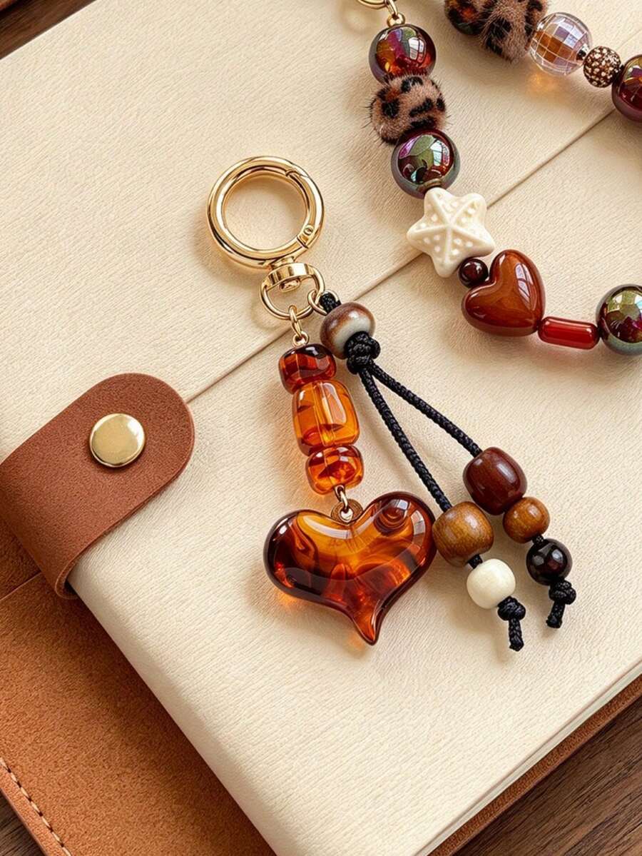 Vintage Style Heart-Shaped Keychain With Amber And Tortoiseshell Patterns;Bag Charm Featuring Mayan Inspired Leopard Print And Brown Bead Accents Christmas Gift - Multicolor - View 1