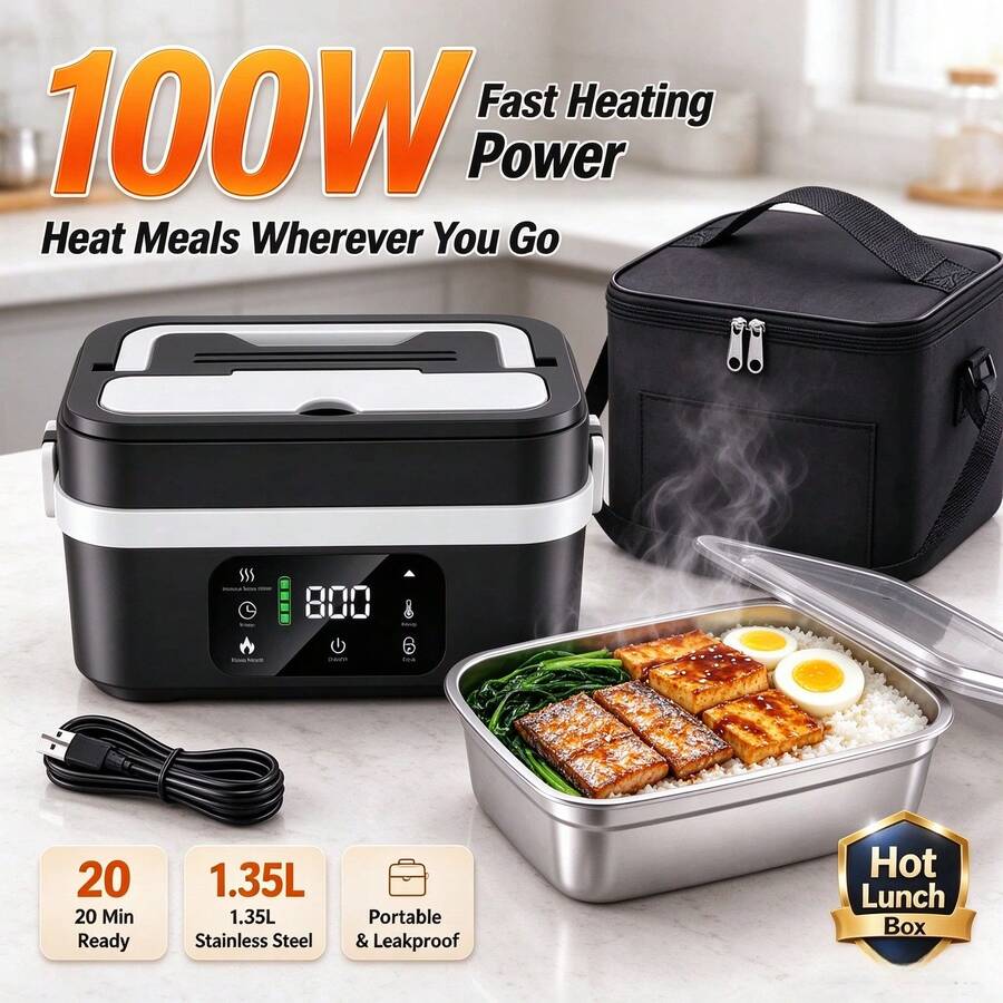 Portable Electric Heated Lunch Box, Large‑Capacity With Intelligent Temperature Control, For Office, Car And Outdoor Use, Practical Present For Daily Workers - Black - View 1
