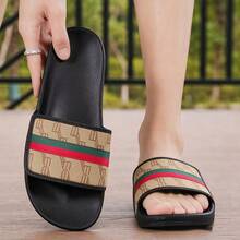 Men's Adjustable Strap Floral Print One-Strap Slide Sandals, Colorblock Striped Open Toe Slip-On Sandals, Thick Sole Non-Slip Summer Casual Beach Roman Slippers - Brown - View 2