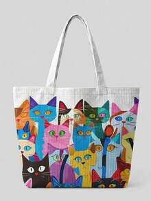 1/2pcs Cartoon Cat Line Art Print Corduroy Large Capacity Open Top Tote Bag, Holds Books Daily Essentials For Student School Shopping Daily Travel - Multicolor - View 10