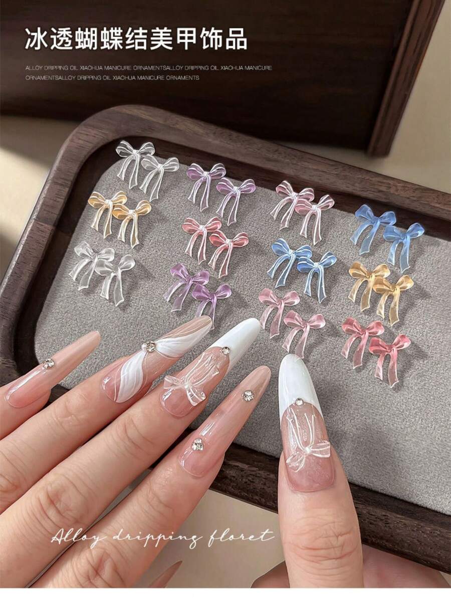 30pcs/50pcs Mixed Color New Transparent Long Ribbon Bow Nail Decoration Tie Resin Diamond Nail Charms Jewelry DIY Nail Rhinestones Decoration Manicure Accessories