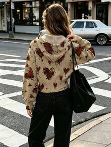 Women's Autumn Clothing Heart Print Hooded Cardigan, Drawstring Design, Fashionable Eye-Catching Outfit For Travel, Multi-Scenario Wear - Multicolor - View 3