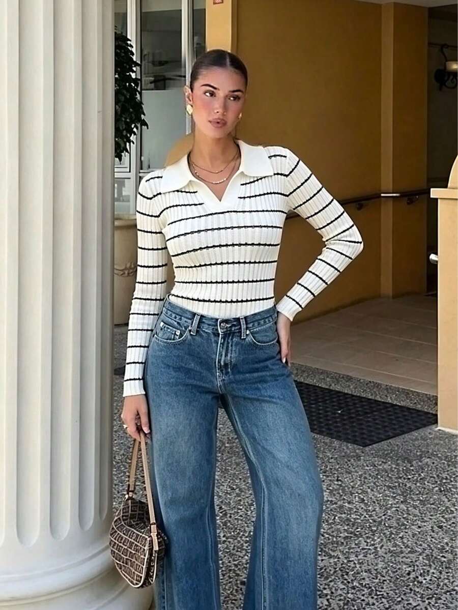 American Style Striped Long Sleeve Slim Fit Knit Base Layer T-Shirt For Women - White - View 1