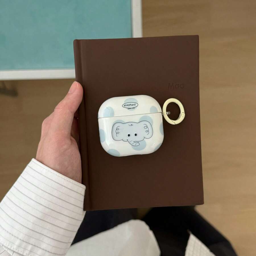 Casing Earphone Motif Gajah Polkadot Biru dengan Cincin Gantung, Kompatibel dengan Apple 5/ Pro 3/Pro 2/ 4/ 3/1/2, Pelindung Minimalis Lucu untuk Wanita - Putih - View 1