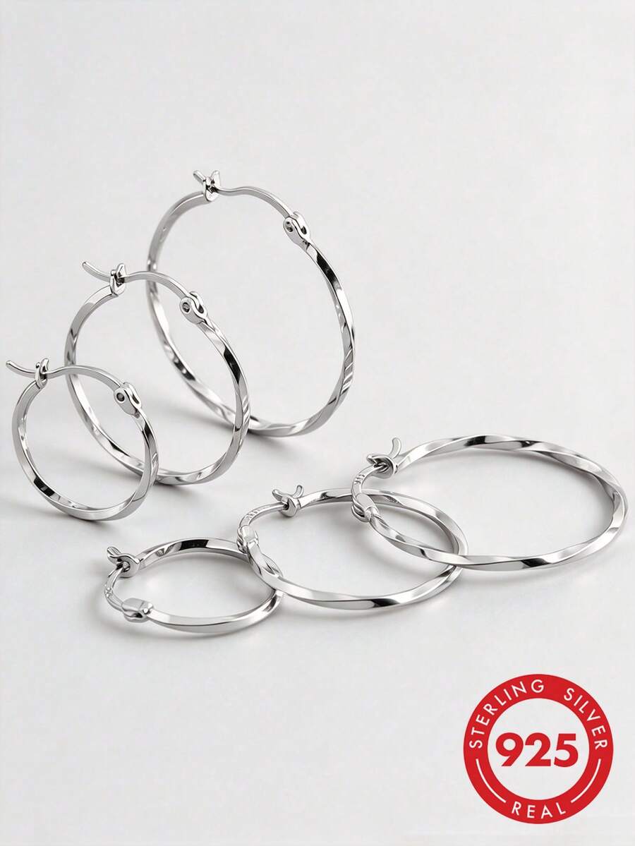 RADIVIDE 1pc S925 Sterling Silver Polished Twisted Large Hoop Earrings, Multiple Sizes Minimalist Plain Geometric Twisted Wire Versatile Commute European & American Style Ear Hoops - Silver - View 1