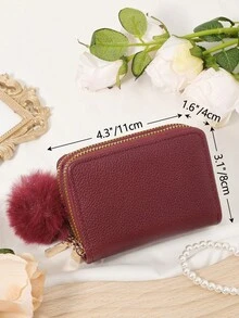 Fashion With A Pom Pom Charm, Women's Simple Wallet, Double Zipper Portable Short Bag, Large Capacity Multi Functional Card Bag Wallet - Burgundy - View 12