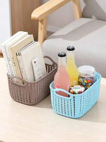 1pc Minimalist Aesthetic Macaron Color Plastic Rectangular Woven Texture Open Storage Basket, Double Handle Stackable Snack Storage Box, Kitchen Bathroom Closet Desktop Cosmetic Sundries Organizer Box, Daily Use - Multicolor - View 5