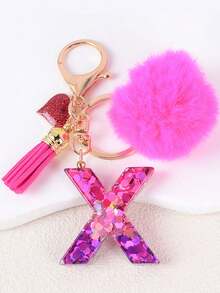 1pc Letter Keychain With Heart Pendant, Cute Rose Red Pom Pom Tassel Key Chain Decoration - Multicolor - View 14