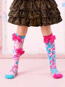 Children's Sweet & Cool Style 3D Knee-High Socks, Girls' Asymmetric Leopard Print & Star Pattern Long Tube Socks With Large Bow Decoration - Multicolor - View 7