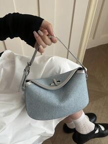 Vintage Denim Patchwork PU Baguette Small Handbag With Metal Lock Decor, Daily Commute Crossbody Shoulder Bag - Silver - View 3