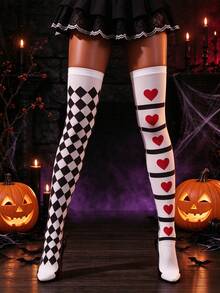 1 Pair Women Halloween Mismatched Thigh High Socks, Gothic Style Over Knee Socks, Costume Accessory For Clown Cosplay & Party Performance - Black and White - View 5