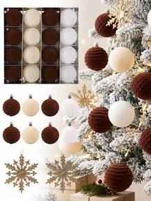 16pcs Flocked Christmas Ball Decorations Set, Christmas Flocked Balls, Warm Tone Flocked Christmas Decorations, Holiday Pre-Strung Hanging Decorations, Shatterproof Plastic Christmas Tree Ornament Set, Wedding Party Decorations - Khaki Off-white - View 2