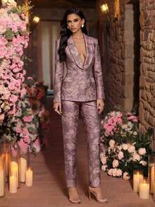 Setelan Blazer Lengan Panjang dan Celana Panjang Wanita Bermotif Kasual, 2 Potong, Bahan Tidak Melar - Mauve Purple - View 2