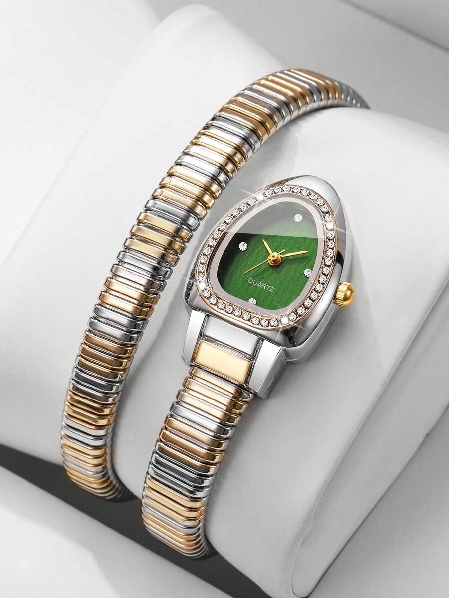 Women's Luxury Full Rhinestone Snake-Shaped Bracelet Watch, Elastic Alloy Band With Textured Rhinestone Dial, Fashion Quartz Wristwatch (1pc/Set) Watch Box Not Included - Multicolor - View 1