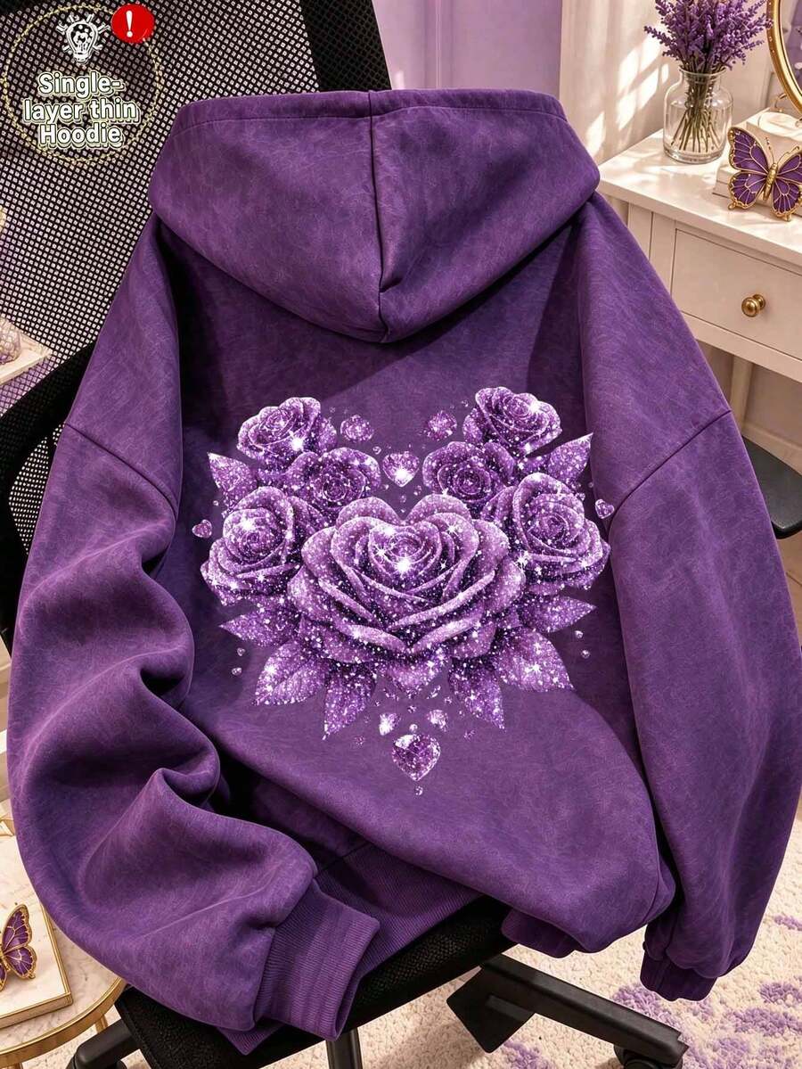 Plus Size Women's Thin Washed Hooded Sweatshirt With Rose Print, Casual Fashion Sweatshirt With Pockets, Autumn/Winter Sweatshirt, Summer - Purple - View 1