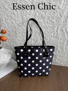 1pc Black Large Capacity Polka Dot Nylon Tote Bag Women's Shoulder Bag - Black - View 2
