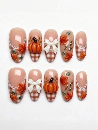 10pcs Medium Almond Shape Press-On Nails, Halloween 3D Pumpkin & White Bowknot French Tip Design, Suitable For Girls And Women Daily Wear, Holiday Party And Gift Giving