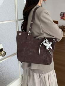 Women's Large Capacity Tote Bag, Vintage Dark Brown Large Shoulder Bag, Versatile Commuter Handbag With Star Pendant Decoration - Coffee Brown - View 7