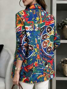 Women's Abstract Print Lapel NeckCasual Blazer Long Sleeve Jacket - Blue - View 4