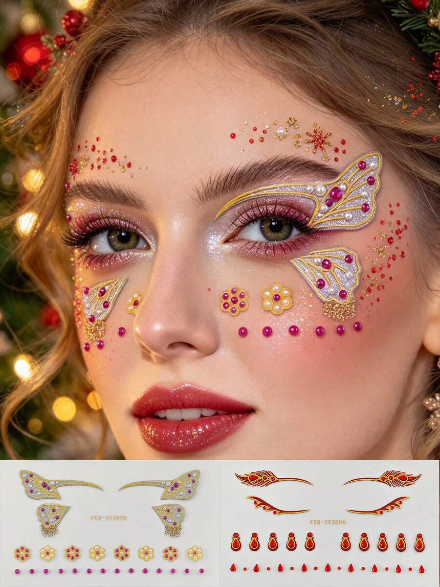 2pcs Wing Feather Rhinestone Eyeliner Stickers, Green Leaf Vine, Star Moon, Feather Rhinestone Stickers, Self-Adhesive Eye Decoration Stickers, Suitable For Electronic Music Festival, Christmas, Cosplay Party Makeup - Multicolor - View 1