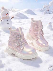 1 Pair Girls' Princess Ankle Boots, Pearlescent Glitter + Color-Changing Material, Round Toe, Elastic Soft Sole, Double Hook-And-Loop Closure, Fashionable Elegant Boots, Suitable For Festivals, Parties, School, Autumn/Winter New - Pink - View 4