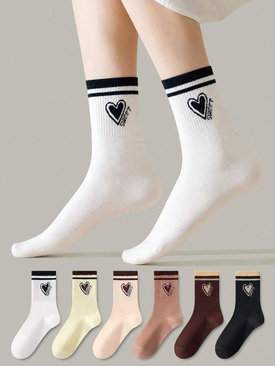 5 Pairs Women's Mid-Calf Socks, Maillard Color Palette, Heart-Shaped Striped Sports Socks, Soft And Comfortable, Suitable For Spring, Autumn, Winter Sports And Daily Wear, Random Colors. - Multicolor - View 1