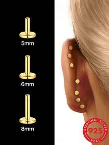 1pc Pure Silver Flat Back Piercing Stud, 5/6/8mm Screw Back Earring Suitable For Various Piercing Types (Ear Lobe, Cartilage, Helix, Tragus, Conch, Daith) - Gold - View 1