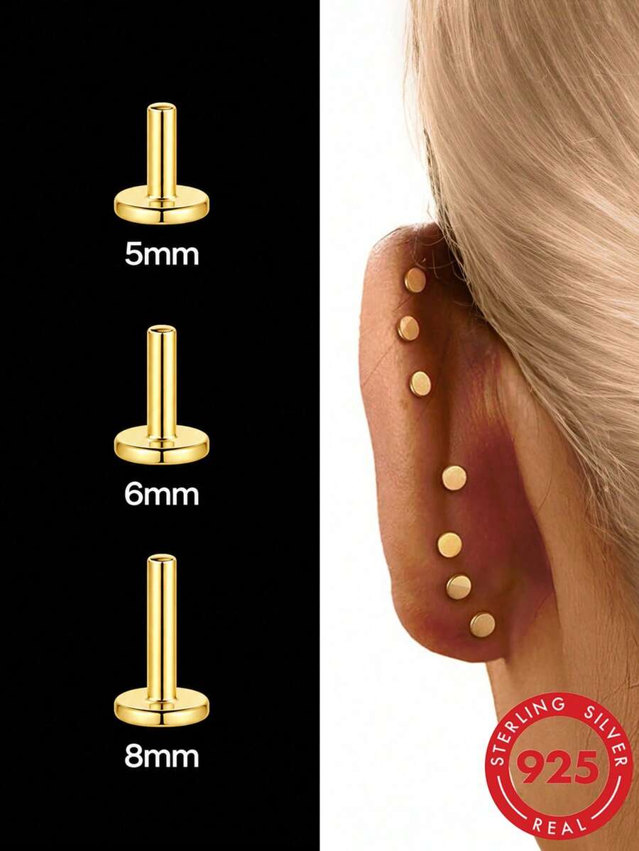1pc Pure Silver Flat Back Piercing Stud, 5/6/8mm Screw Back Earring Suitable For Various Piercing Types (Ear Lobe, Cartilage, Helix, Tragus, Conch, Daith) - Gold - View 1