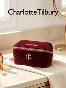 Charlotte Tilbury 酒紅色天鵝絨絎縫化妝包 M 號 18*8*9cm，便攜拉鍊式化妝收納袋，旅行化妝收納包，適用於口紅、化妝刷與化妝品 - 酒紅色 - 查看 2