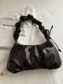 1pc Coffee Brown Large Capacity Solid Color PU Pleated Tote Bag Women's Shoulder Bag - Coffee Brown - View 5