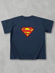 Strevion SUPERMAN 男士極簡風超人鑽石圖案與字母印花圓領短袖夏季T恤 - 藏蓝色 - 查看 2