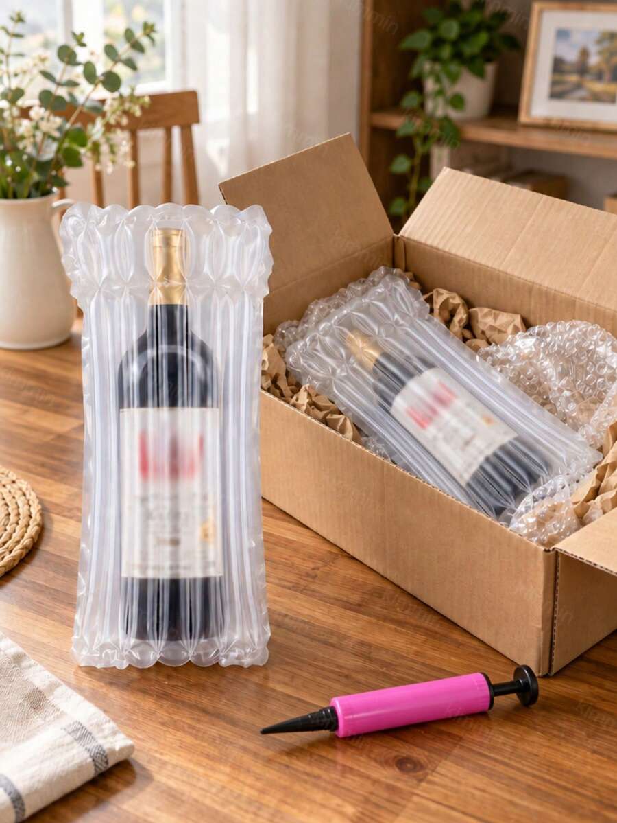 6/10pcs Wine Bottle Bags, Inflatable Air Column Protective Packaging With Inflator Pump, Shockproof Bubble Wrap Wine Bottle Protector For Shipping, Packing, Moving & Travel Essentials