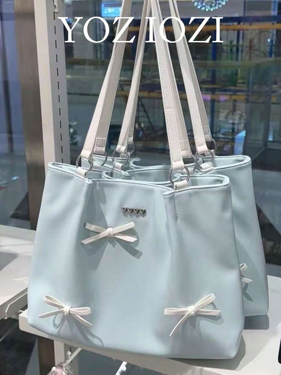 蝴蝶結女款手提包 休閒通勤外出用 多巴胺藍 大容量單肩包 時尚托特包 - 藍色 - 查看 1