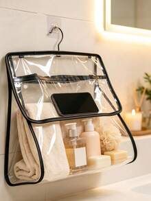 1pc Clear Transparent Hanging Storage Bag, Simple Style PVC Rectangular Organizer With Dual Compartment Design, Wall Mount Pouch For Holding Towels And Small Items For Bathroom Daily Home Use - Multicolor - View 12
